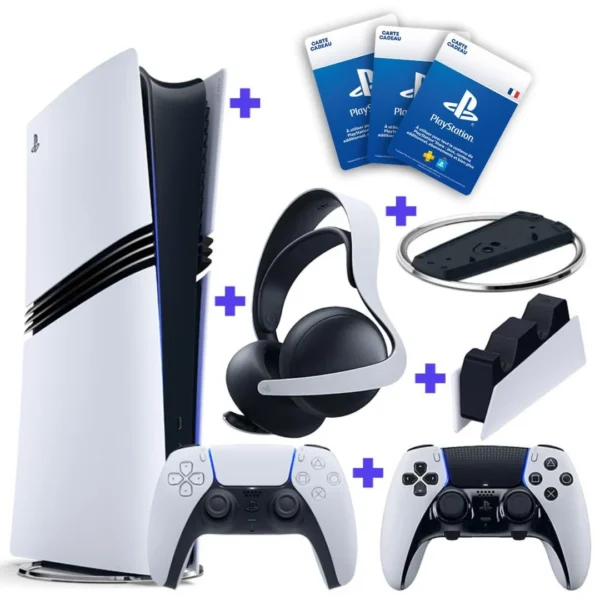 Pack Playstation 5 Pro + 2 Manette + Carte Cadeau Playstation Store + Écouteurs + 2 Accessoires